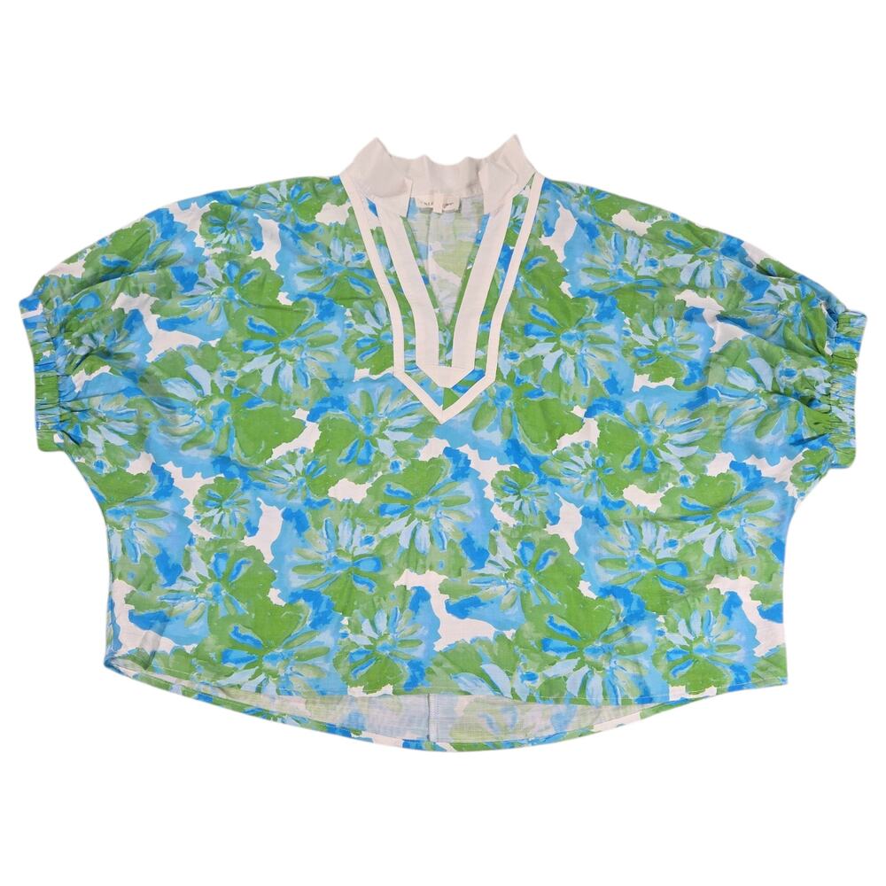 Entro Wom LG Blue Green Floral Spring Short Sleeve Blouse Summer Easter Brunch